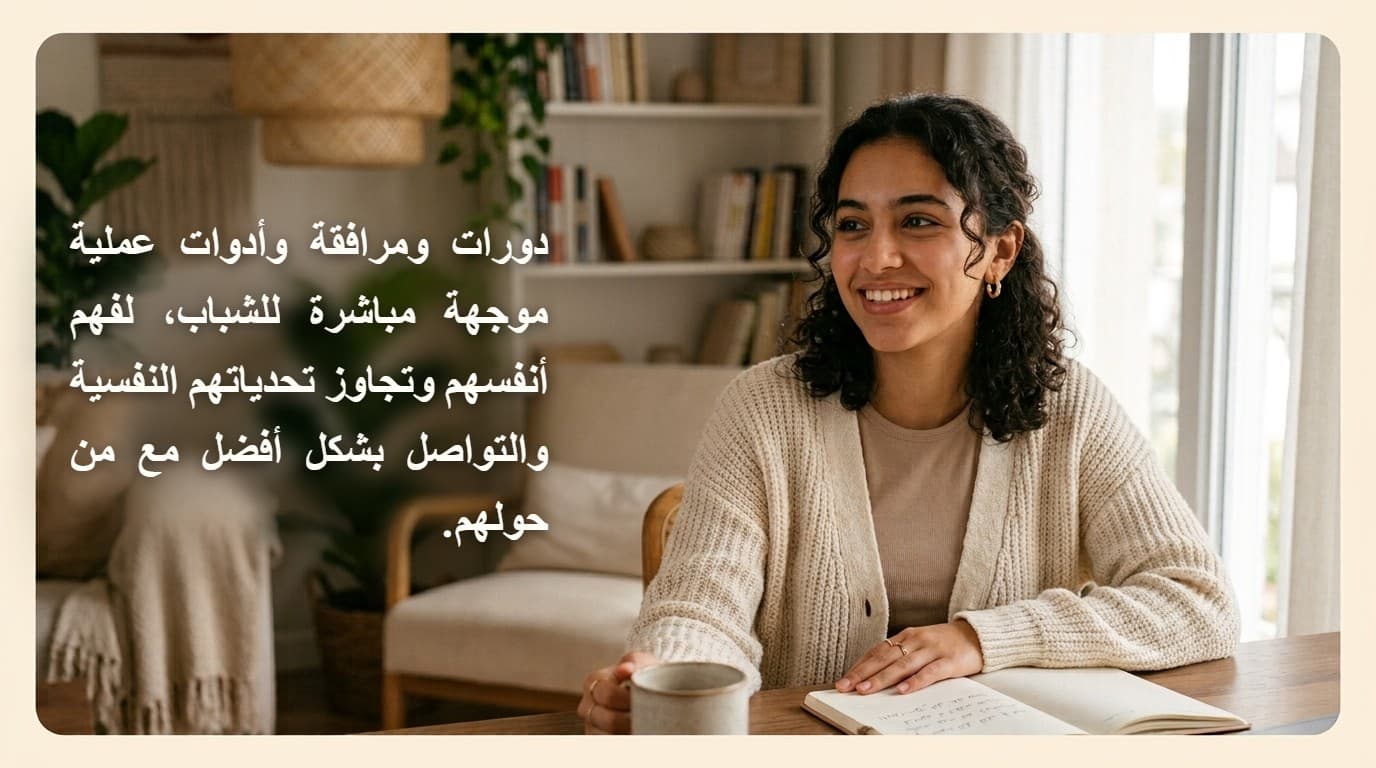 دورات ومرافقة وأدوات عملية موجهة مباشرة للشباب، لفهم أنفسهم وتجاوز تحدياتهم النفسية والتواصل بشكل أفضل مع من حولهم.